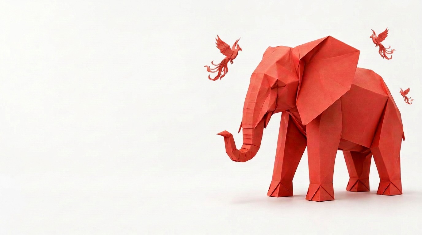 A coral origami elephant with origami phoenixes flying around it — the Euphemia spirit, brought to life